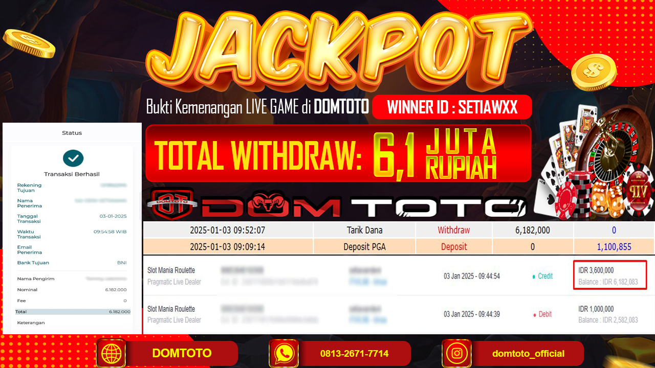 JACKPOT LIVE GAMES SLOT MANIA ROULATTE 03 JANUARI 2024